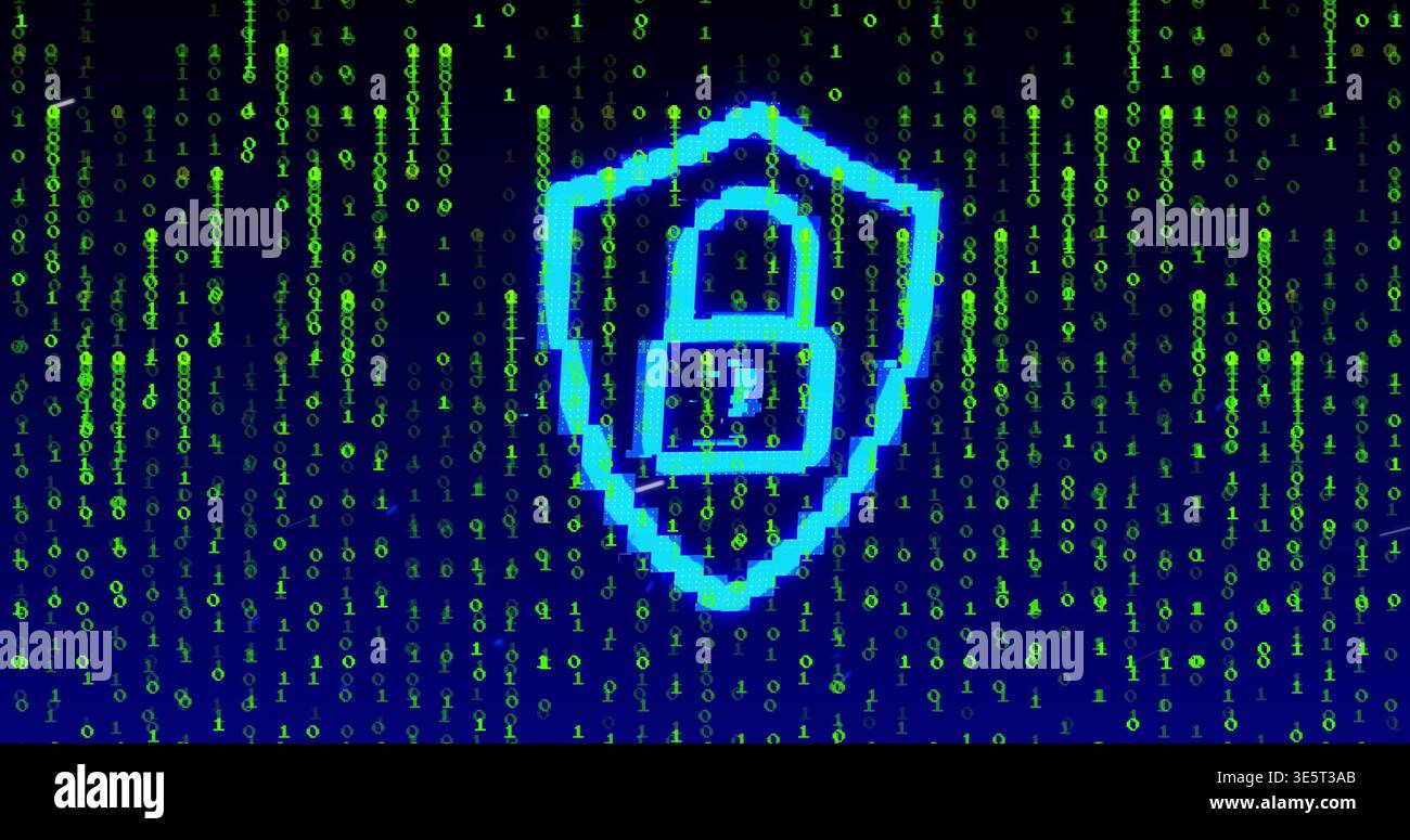 Protecting blue glitchy shield with padlock icon glowing on dark screen, falling binary digits Stock Photo