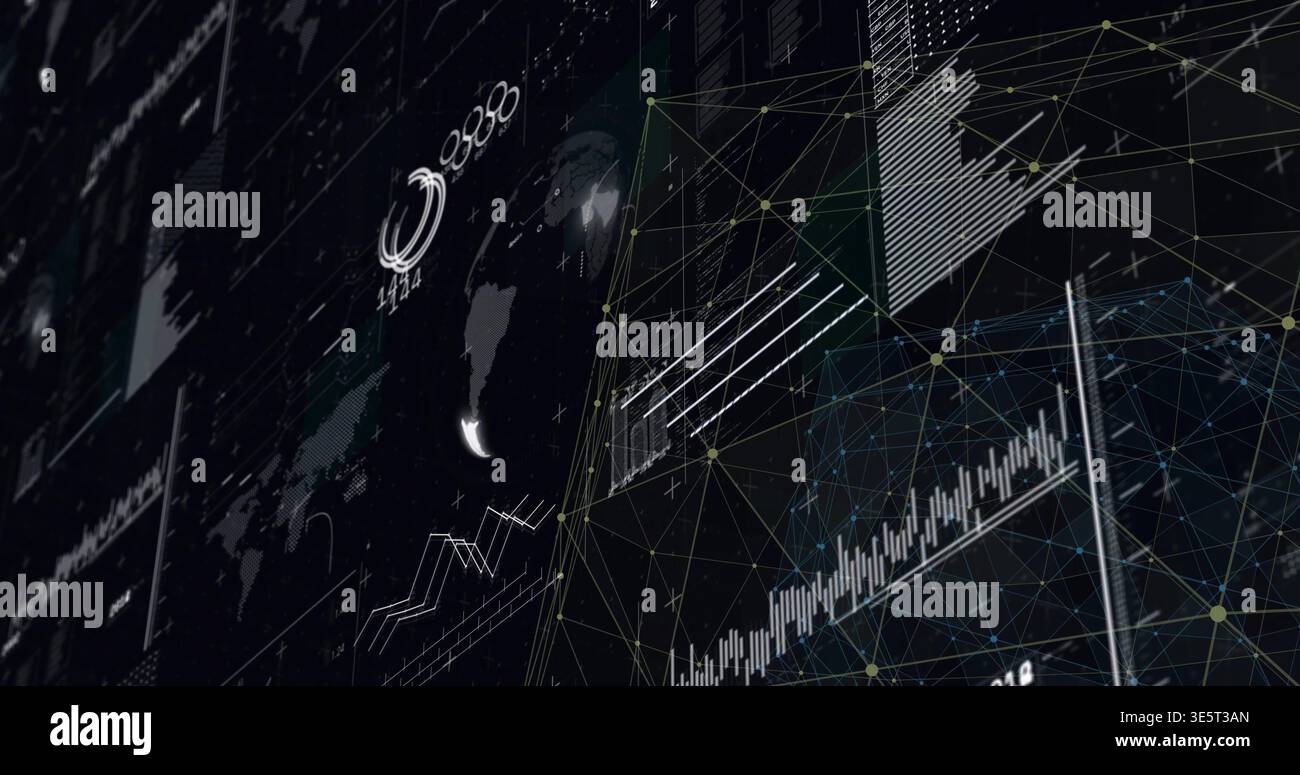 Displaying 3D wireframe network projecting rising bar and line charts on dark analytics dashboard Stock Photo