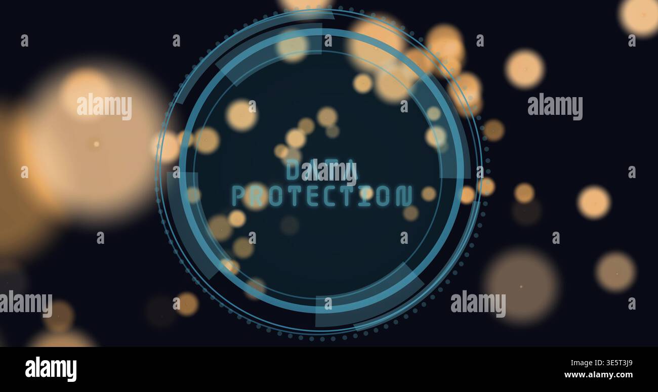 Displaying HUD showing DATA PROTECTION text, dots, radial bars on navy backdrop with amber bokeh Stock Photo