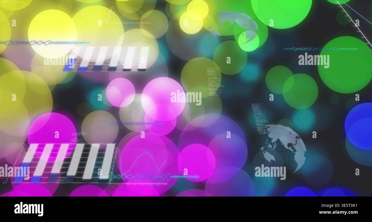 Displaying glowing bokeh cluster on virtual dashboard, showing striped panels, globe icons, code Stock Photo