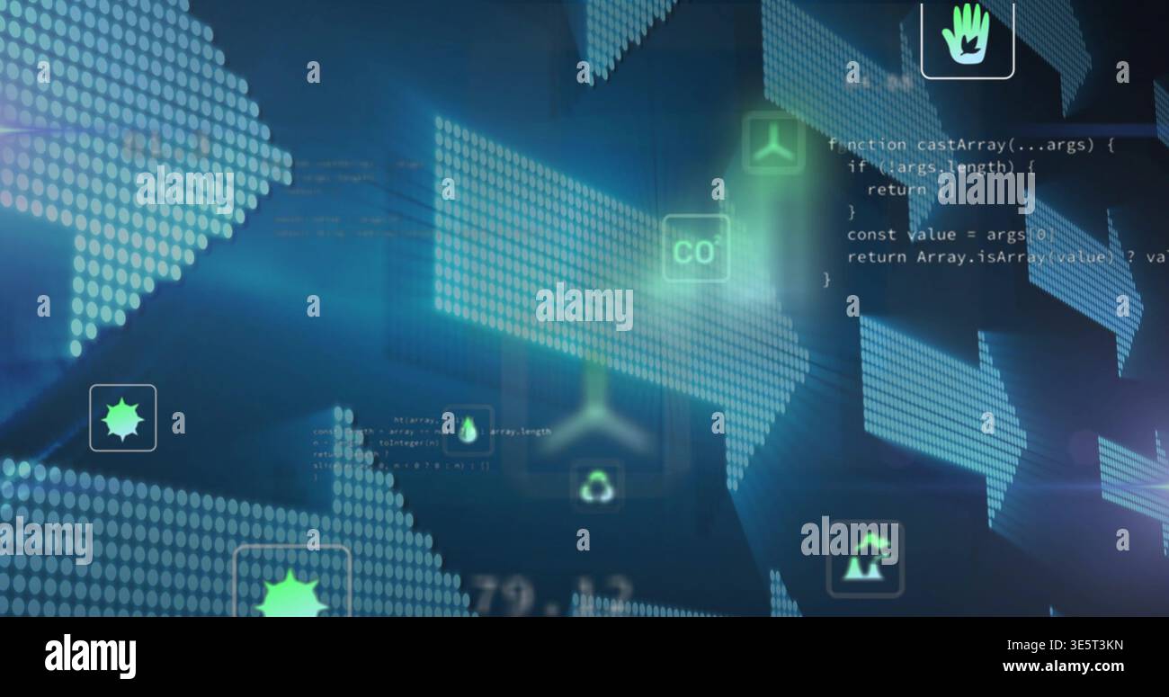 Displaying centered dotted arrows and floating green eco icons on virtual tech dashboard, with code Stock Photo