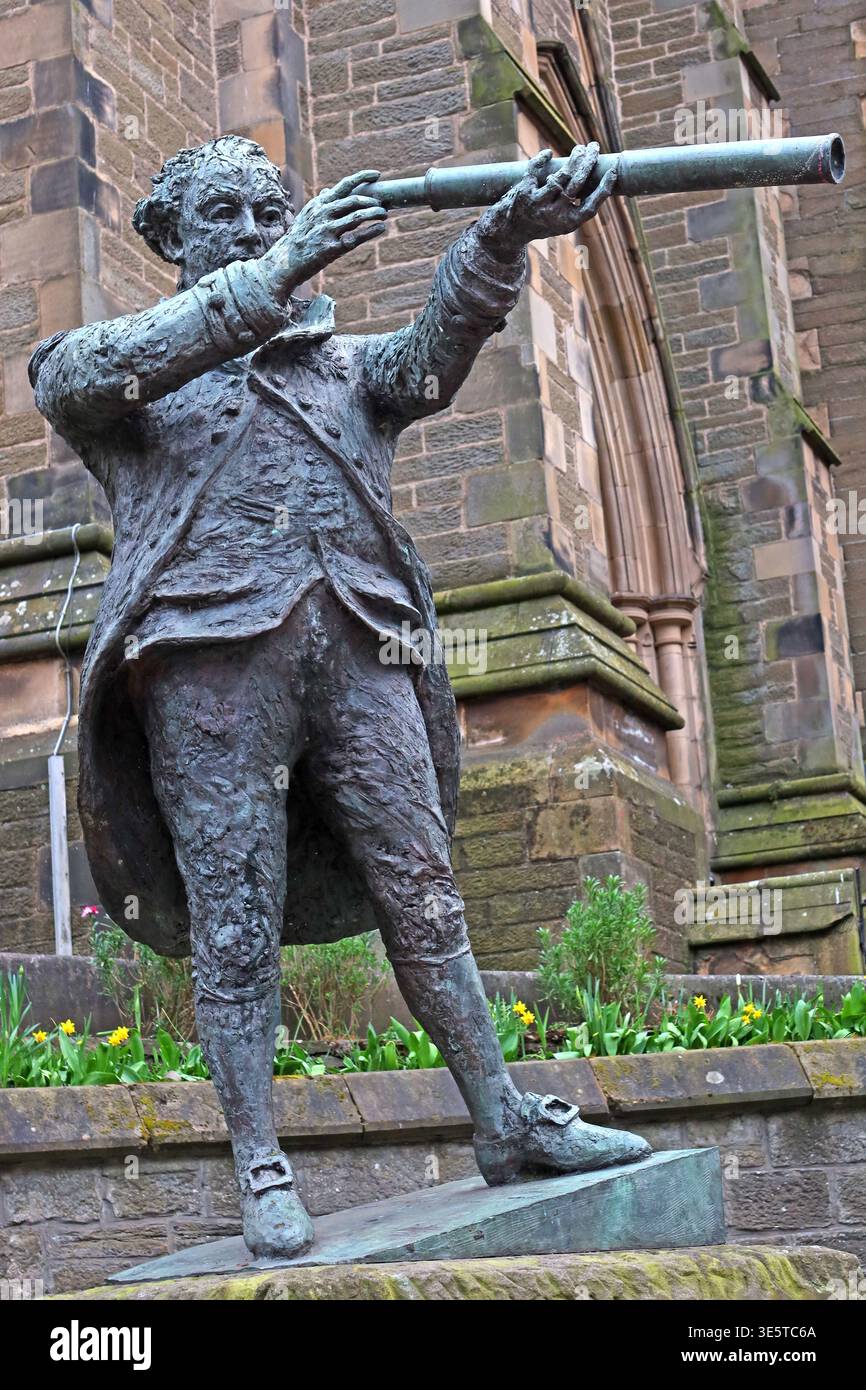 Admiral Adam Duncan statue with telescope on High Street, Dundee, Scotland, UK. Stock Photo