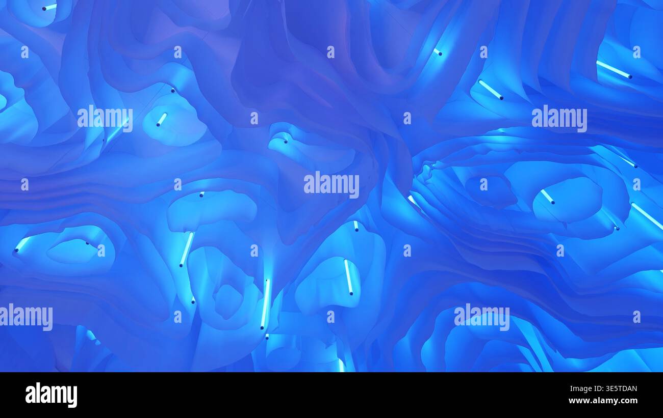 Abstract blue fluid waves background with glowing neon light tubes Stock Photo