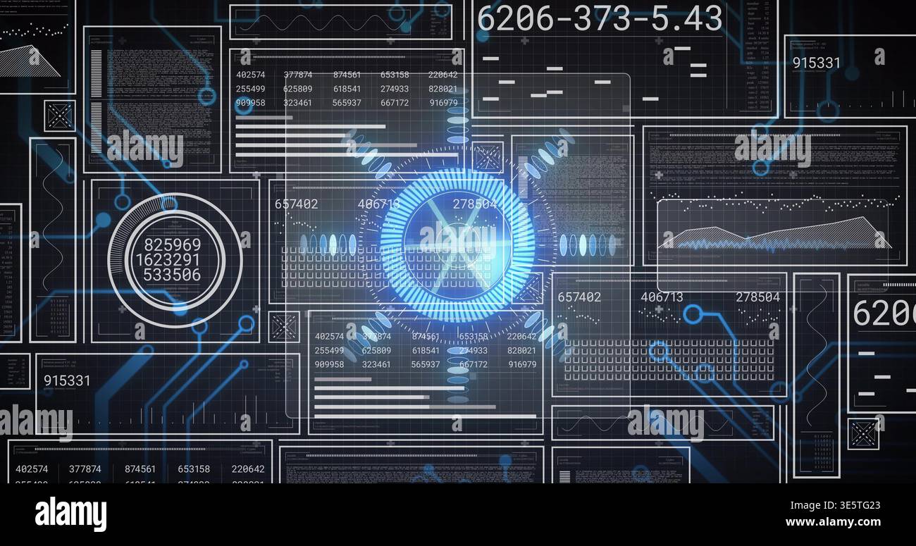 Pulsing central HUD element glowing on virtual control dashboard, showing left gauge, data panels Stock Photo