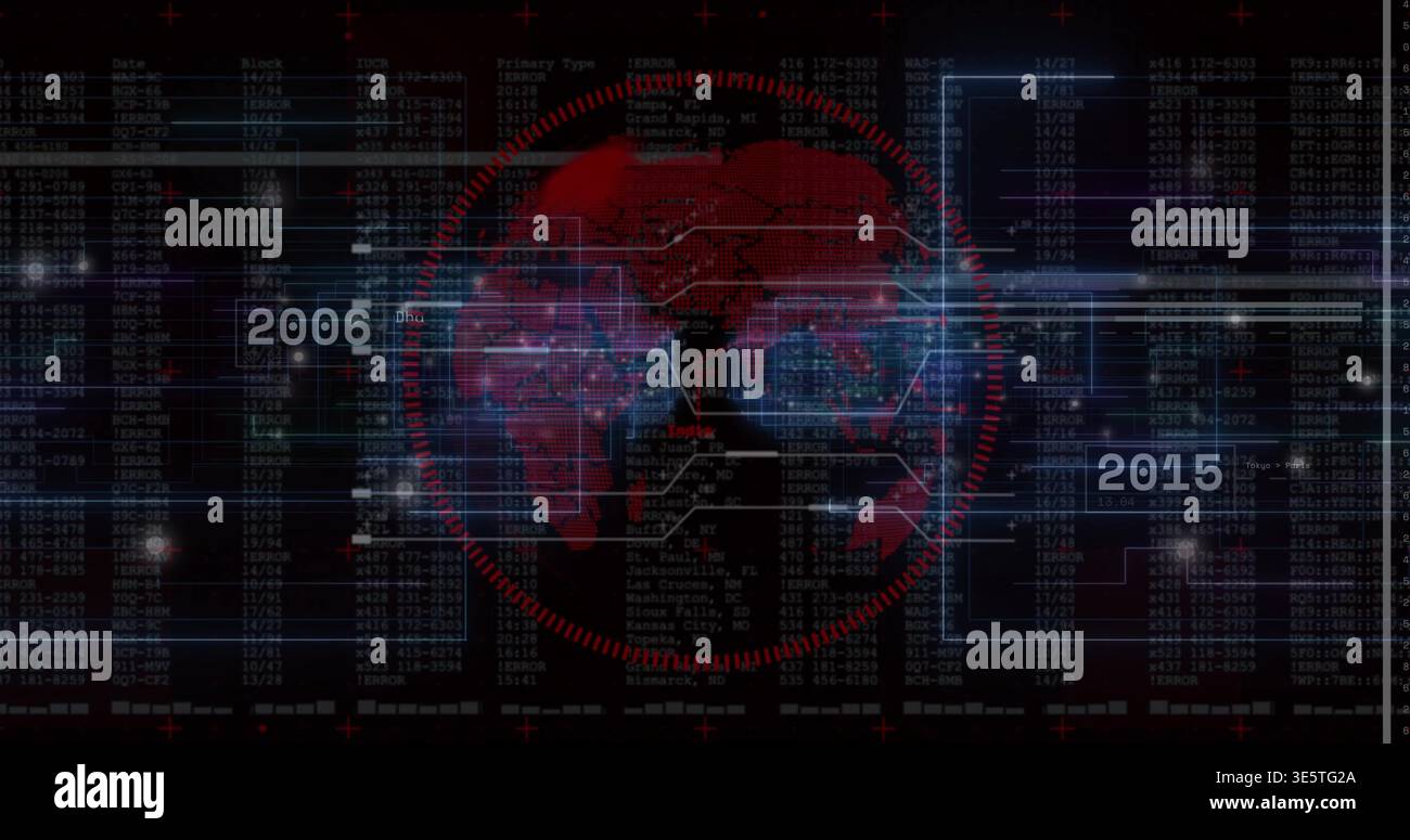 Displaying stylized red globe circling inside dotted ring on dark HUD, showing 2006 2015 code Stock Photo