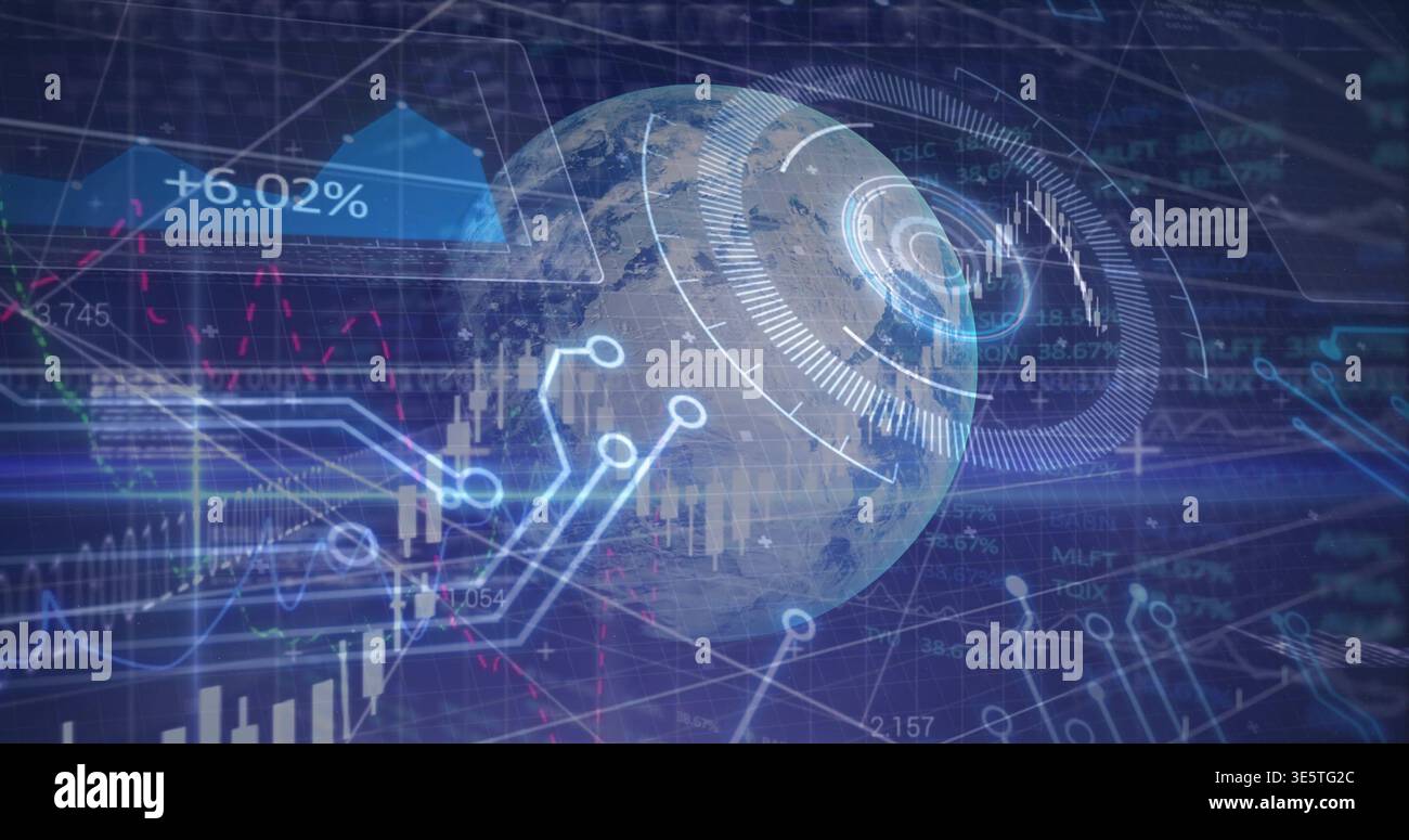 Displaying translucent globe hovering over virtual dashboard, showing candlestick charts +6 Stock Photo