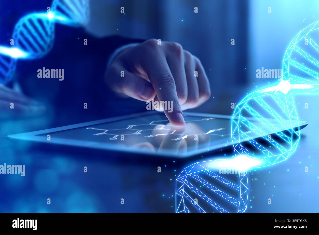 Scientist using tablet computer in laboratory, closeup. Biochemistry research Stock Photo