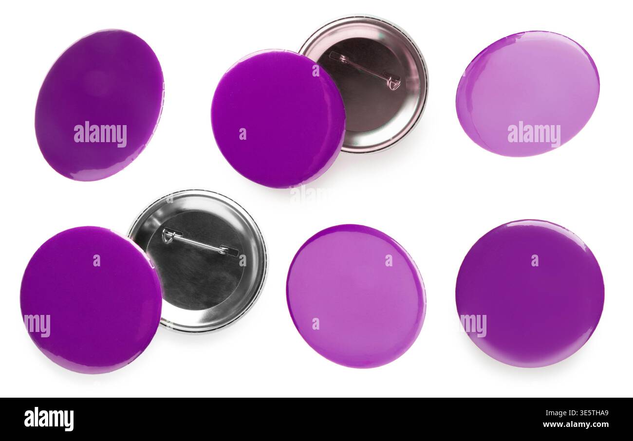Many purple button badges isolated on white, set Stock Photo