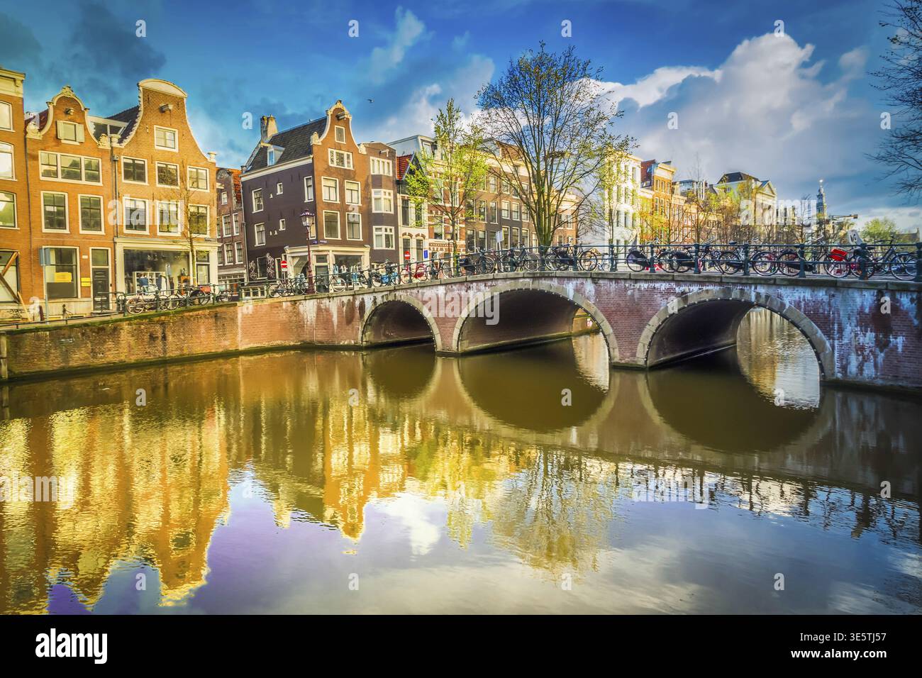 Dutch scenery with canal and mirror reflections at spring