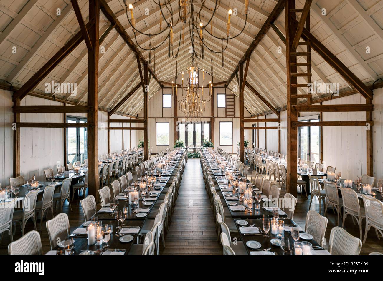 Rustic Barn Wedding Reception Prepared By Event Planner Stock Photo