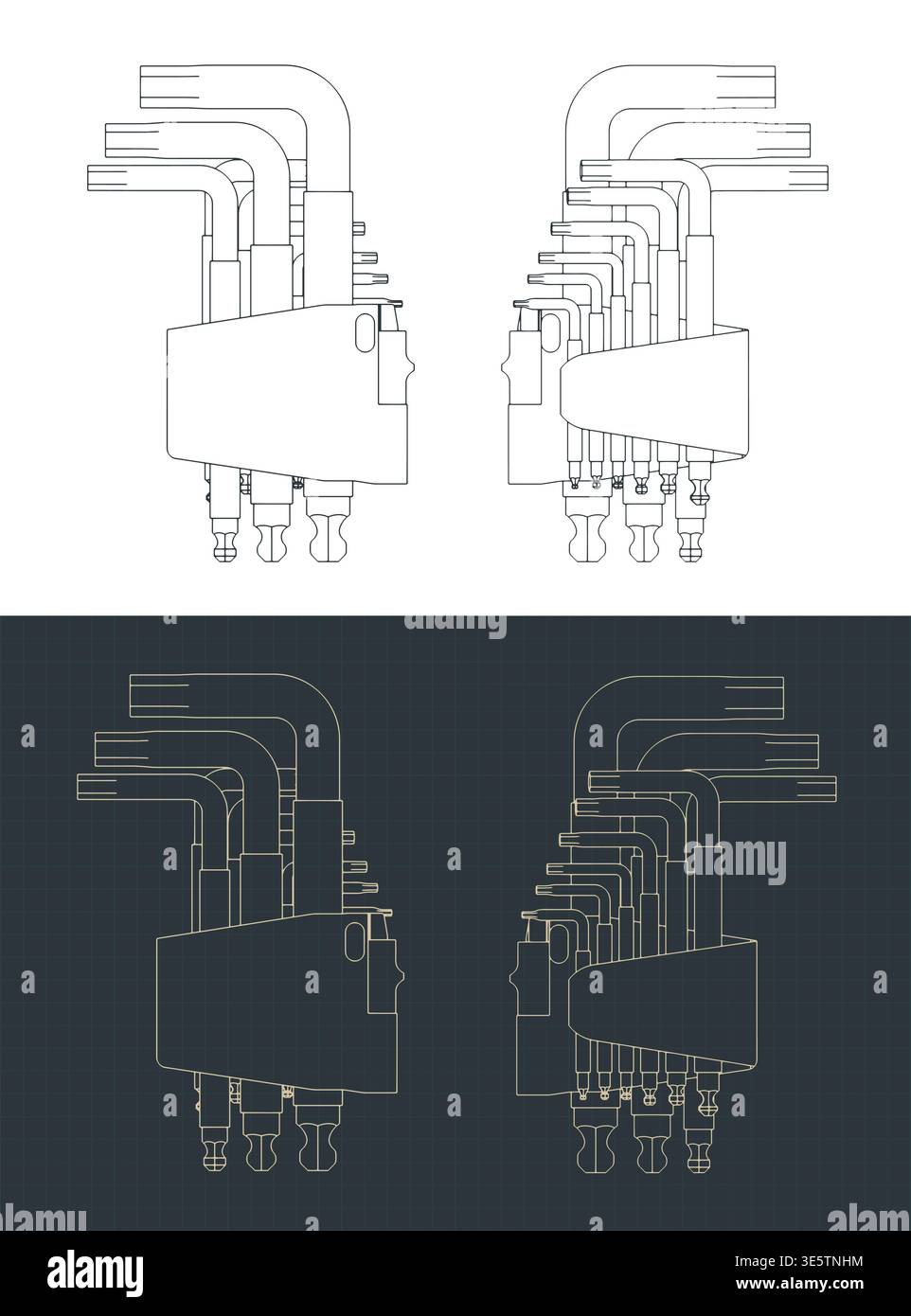 Hex key wrench set in holder blueprints stylized vector illustrations Stock Vector