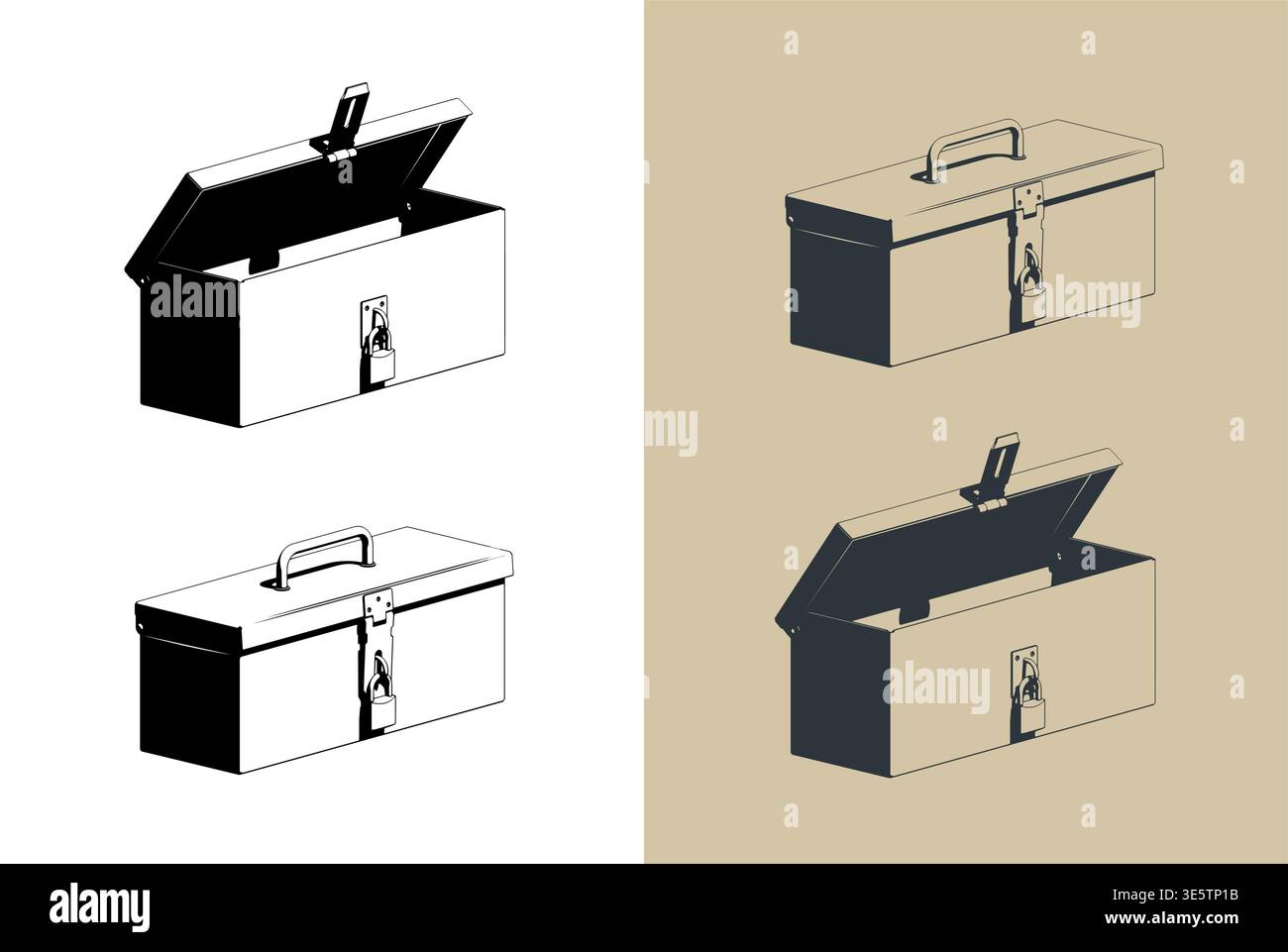 Vintage metal tool box with padlock: stylized isometric vector illustrations Stock Vector