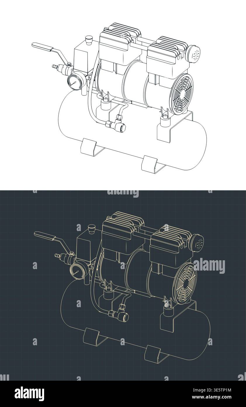 Portable air compressor unit with a horizontal tank isometric blueprints stylized vector illustrations Stock Vector