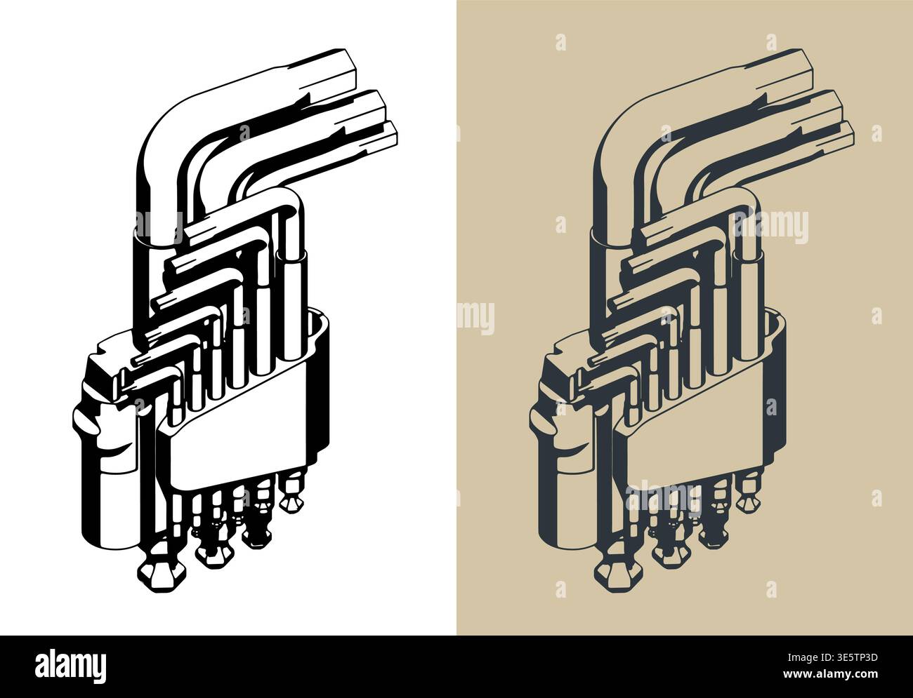 Hex key wrench set in holder stylized vector isometric  illustrations Stock Vector