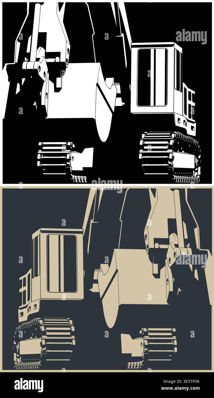 Heavy crawler excavator close-up: stylized vector illustrations Stock Vector