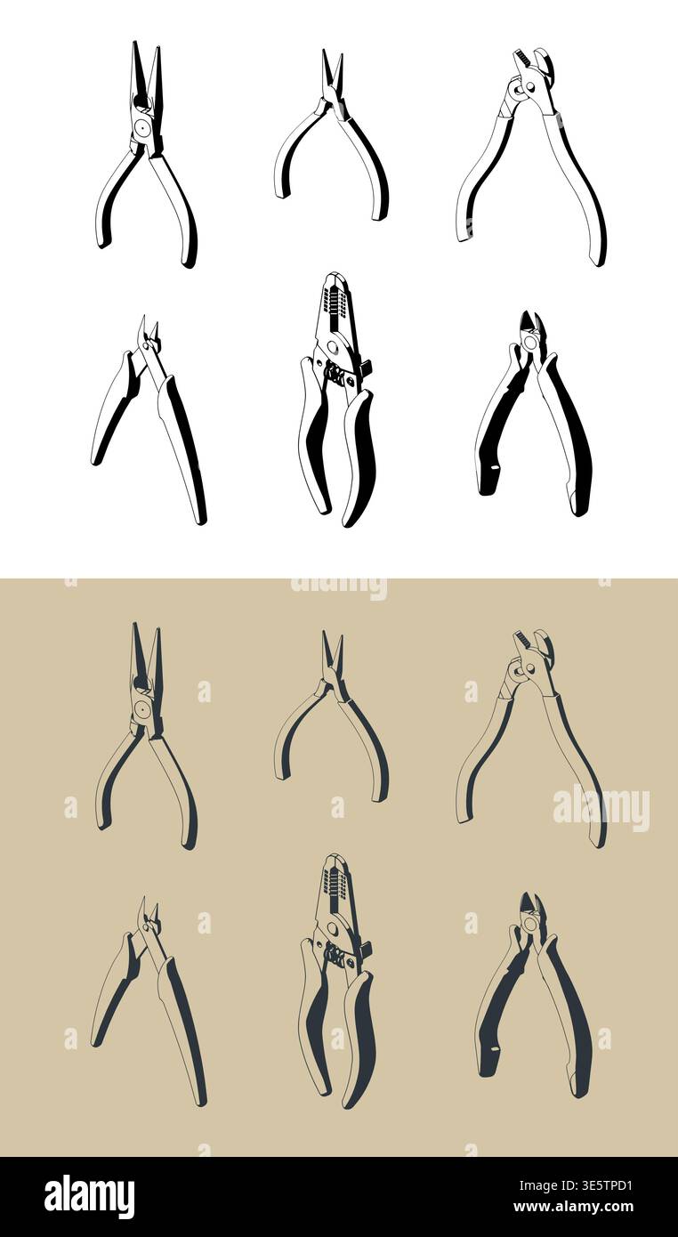 Pliers and wire cutters tool set: stylized isometric vector illustrations Stock Vector