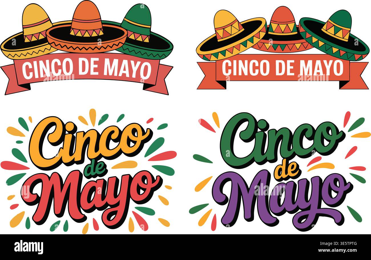 Cinco de Mayo Festive Sombrero and Typography Vector Set Stock Vector