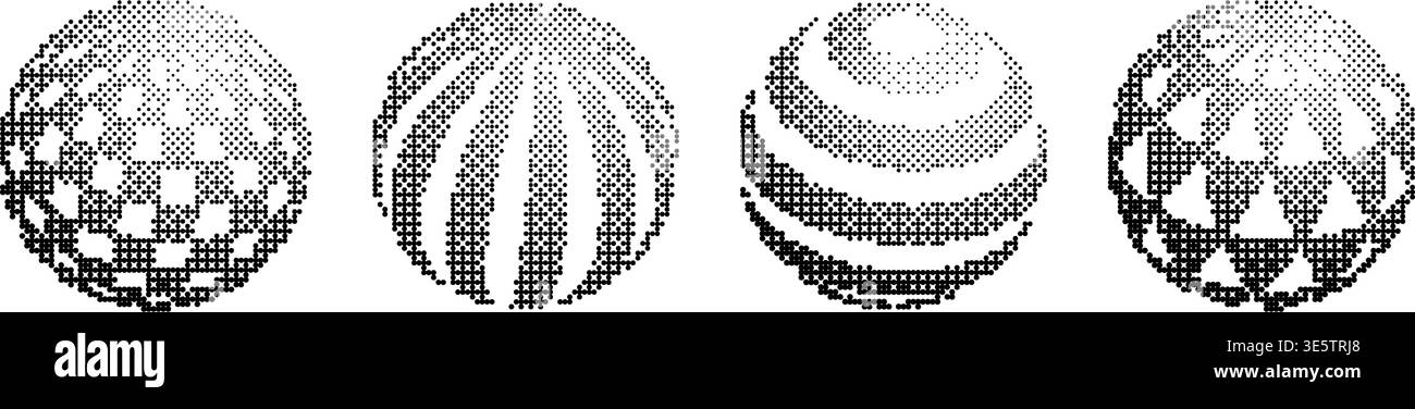Pixel sphere shape collection. Bitmap 3D globe form set. Dither circle element pack for graphic design, banner, poster, leaflet. Rasterized effect halftone ball pack. Vector Y2K geometric orb bundle Stock Vector