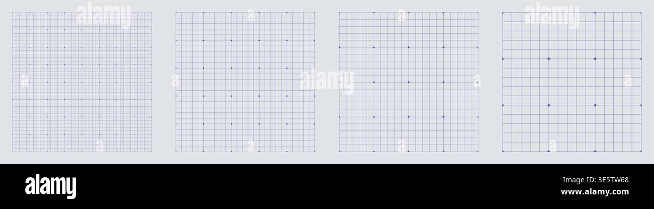 Square grid collection Star Line micro geometry, four samples blueprint style. Broken stroke lattice structure, interface layouts editorial planning sheets dashboards digital technology graphics. Stock Vector