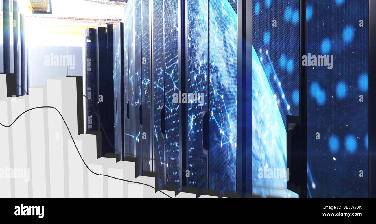 Displaying central server racks featuring LED-globe displays in data center, 3D bar chart overlay Stock Photo