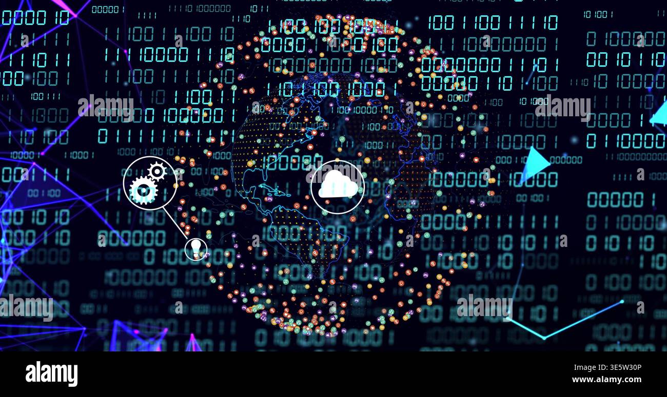 Displaying central dotted globe rotating in virtual network, with cloud, gear nodes, binary Stock Photo