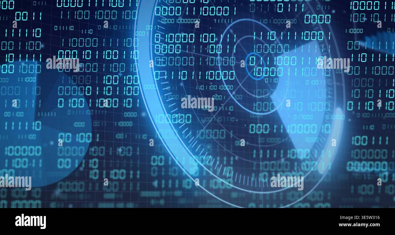 Displaying HUD radar element with reticle pulsing at center on data dashboard, showing binary grid Stock Photo