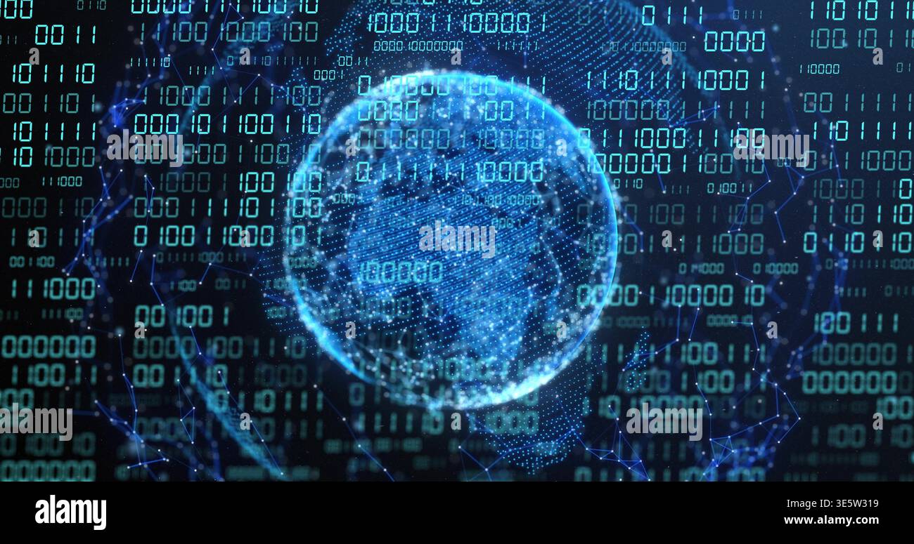 Displaying holographic globe rotating in virtual data space, with binary digits and network nodes Stock Photo
