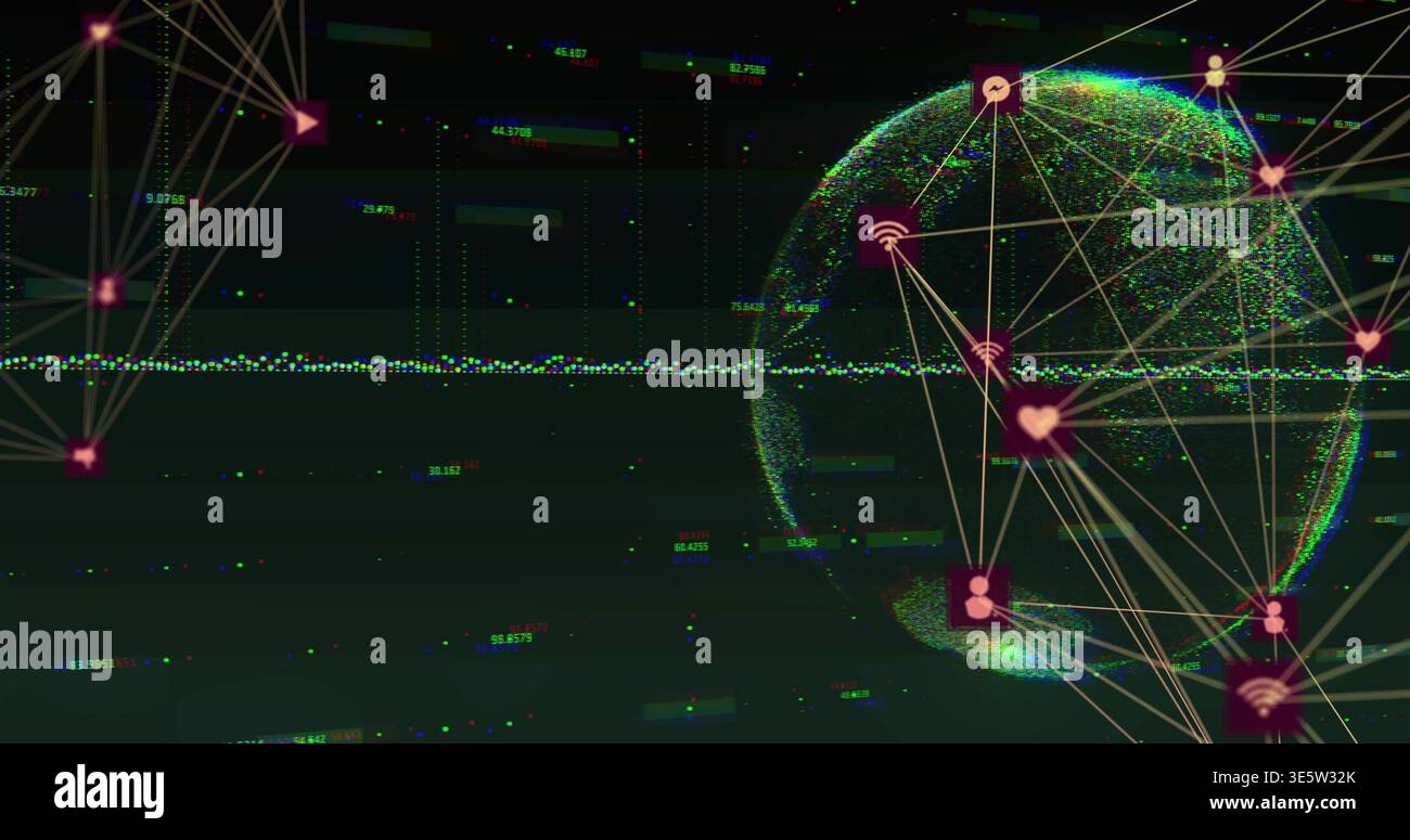 Displaying point cloud globe with triangular node links on digital dashboard, with dotted waveform Stock Photo
