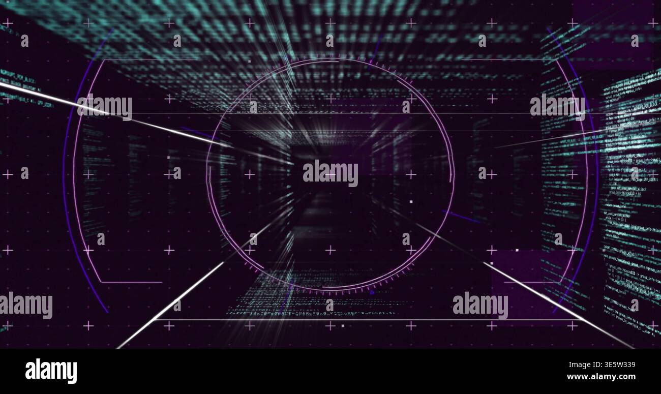 Scanning central HUD reticle moving through virtual data corridor, showing plus grid, teal code Stock Photo