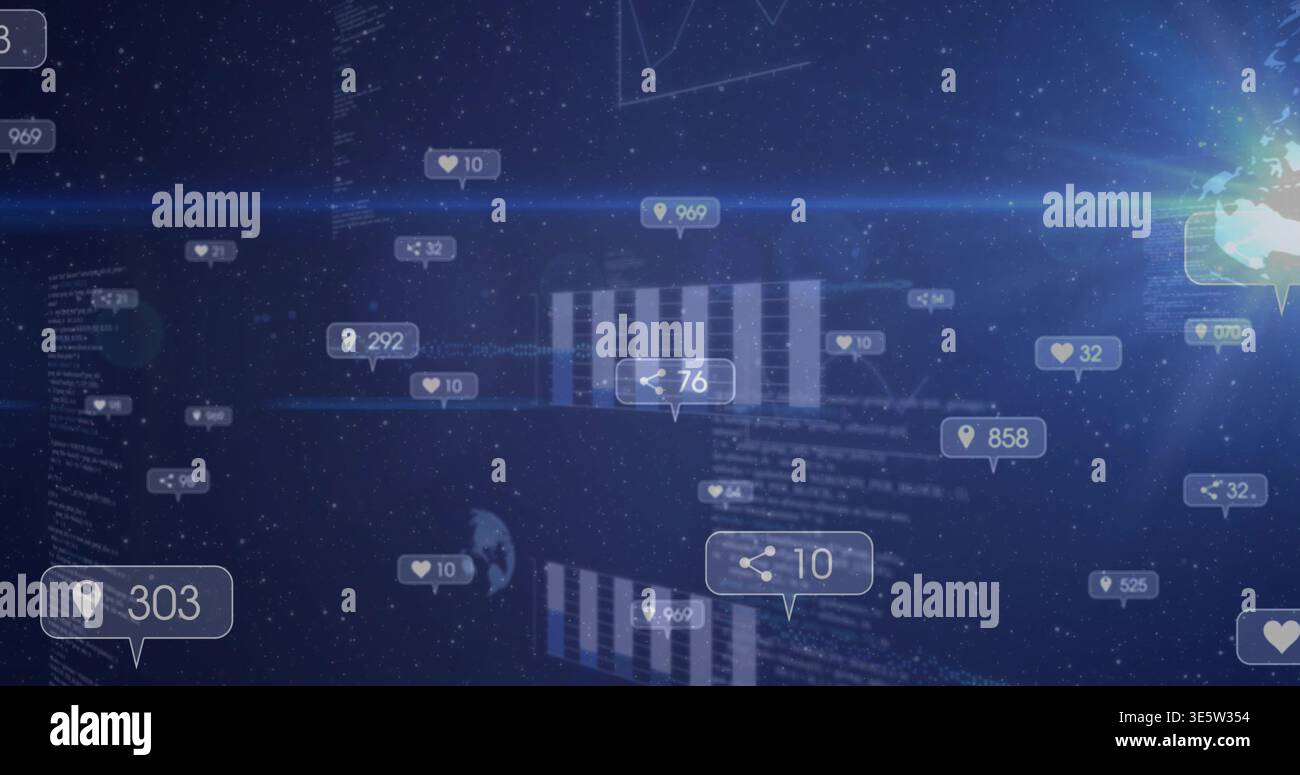 Floating data cluster occupying center in virtual 3D space, with UI tags, bars, code, glowing globe Stock Photo