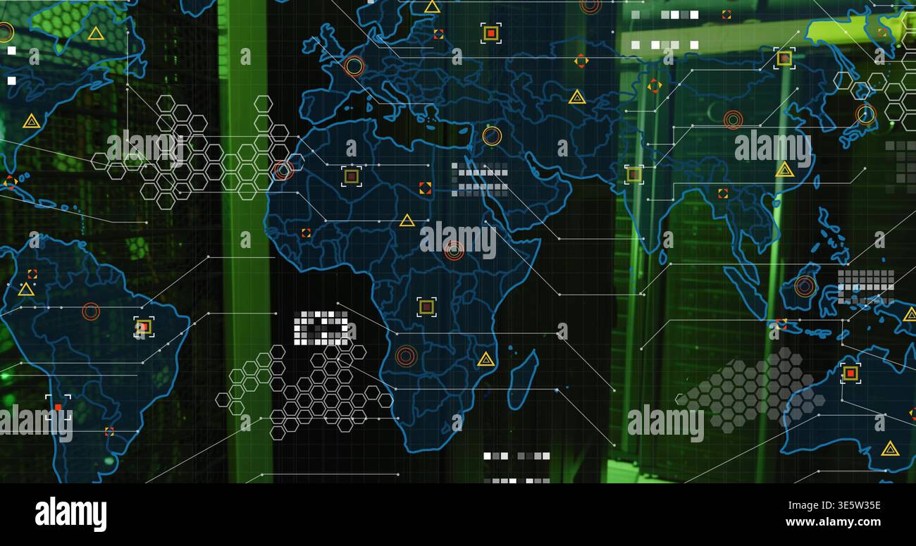 Displaying blue global map showing data on control room panel, with hex clusters, warning icons Stock Photo