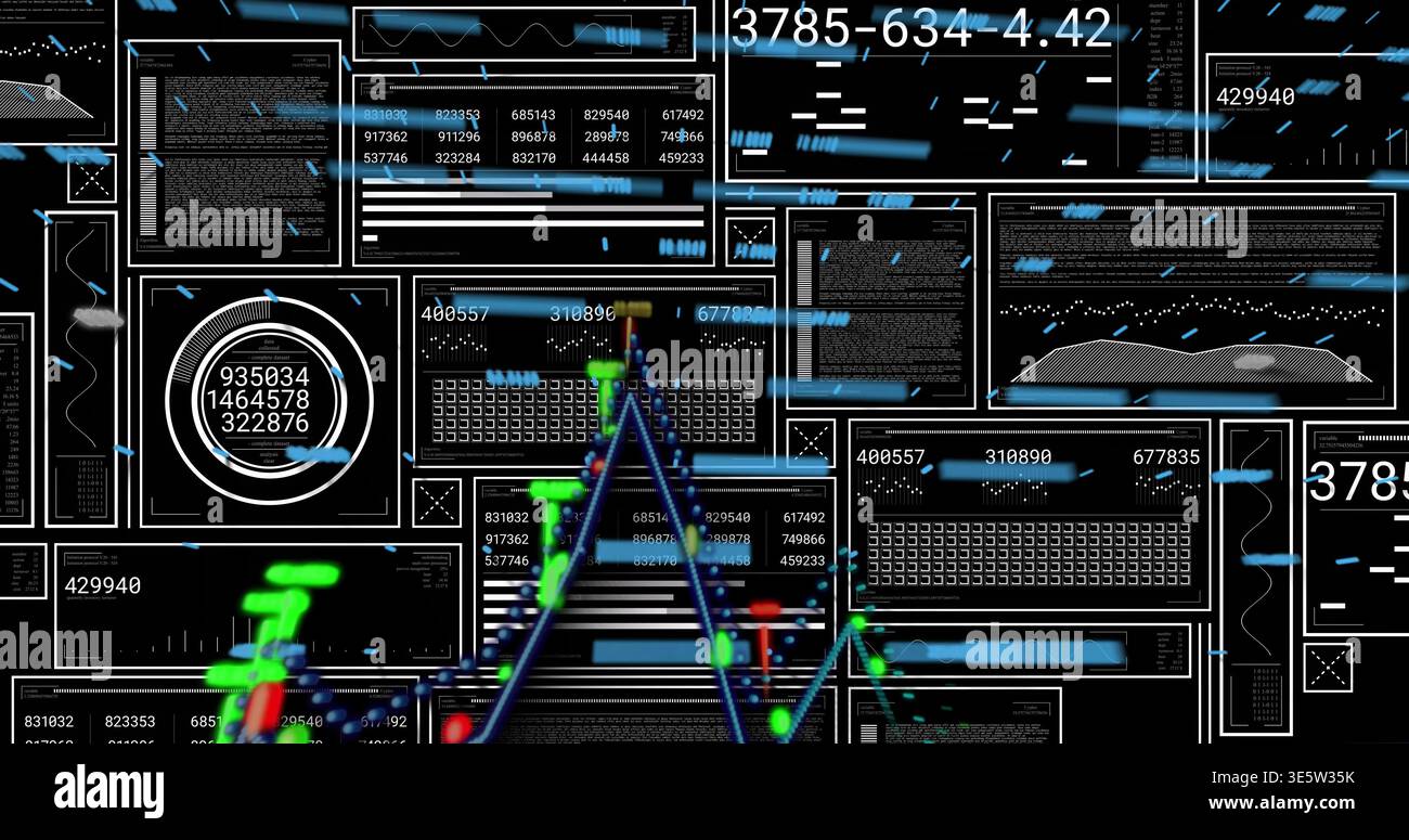 Displaying central multisegmented line graph with red and green nodes moving across dark dashboard Stock Photo