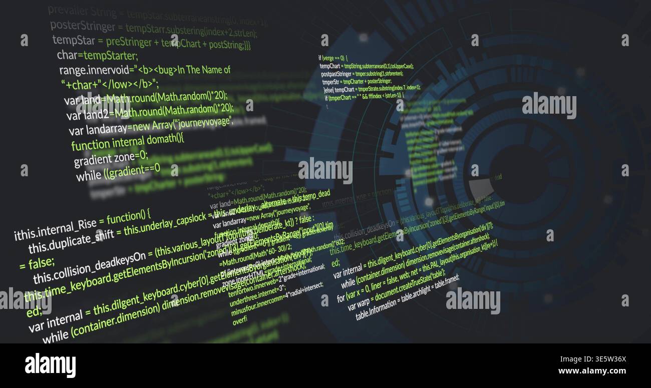 Displaying layered programming code and circular HUD graphic in digital workspace, with neon syntax Stock Photo