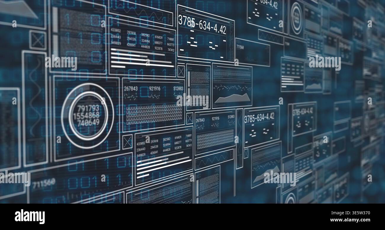 Displaying dense layered data wall in virtual dashboard, showing translucent panels, charts, gauges Stock Photo