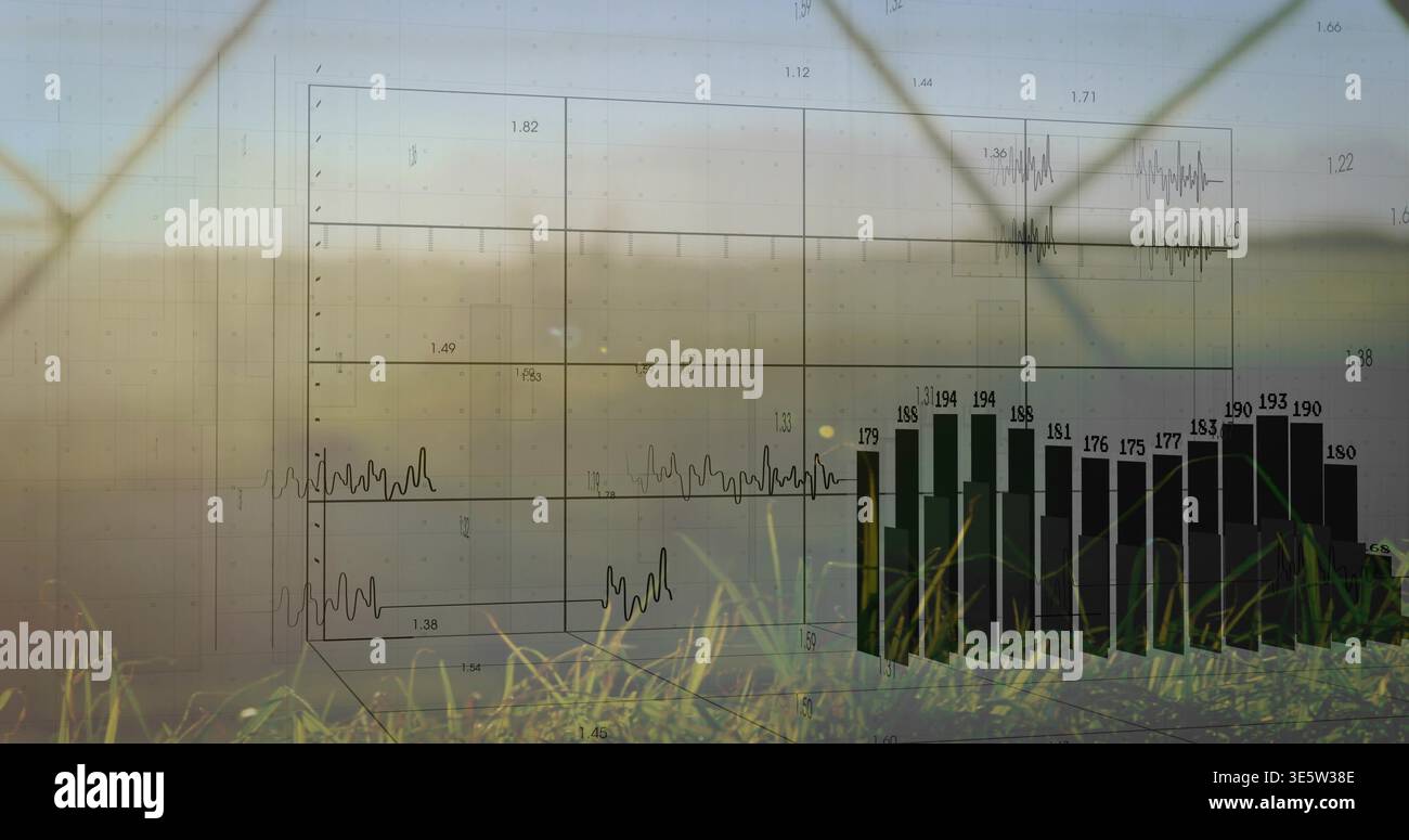 Projecting transparent data visualization overlaying rural field, showing black vertical bar chart Stock Photo