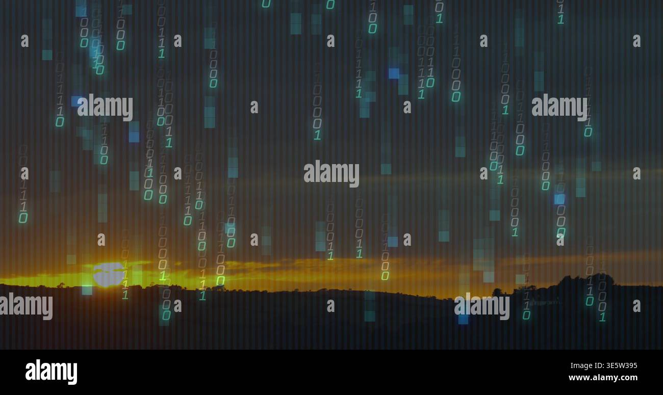 Falling digital rain veiling dusk sky over dark ridge, showing sun left, binary digits cyan pixels Stock Photo