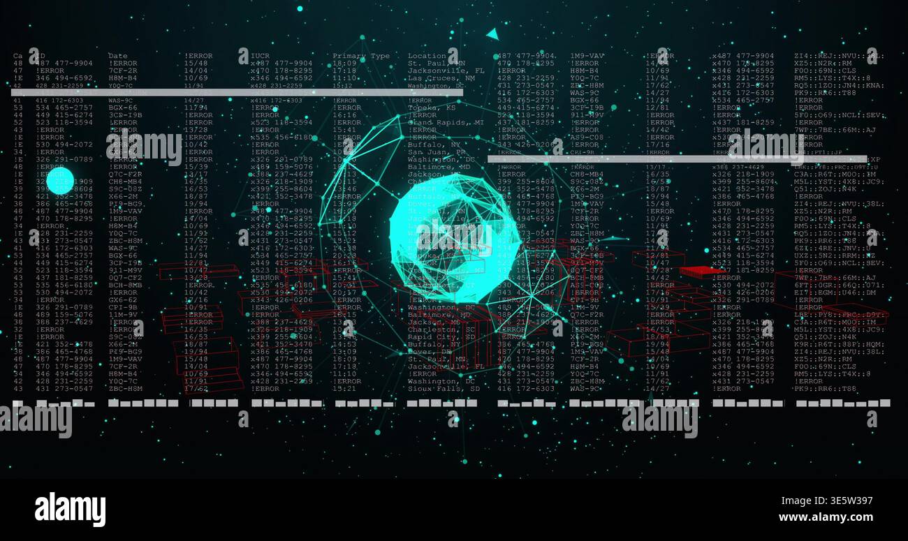 Glowing central teal wireframe sphere rotating and pulsing in virtual space, with data columns Stock Photo