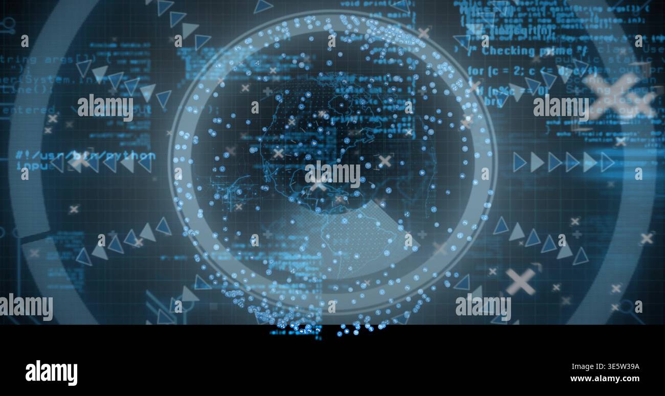 Showing digital circular HUD displaying rotating data globe on dark grid, code snippets Stock Photo