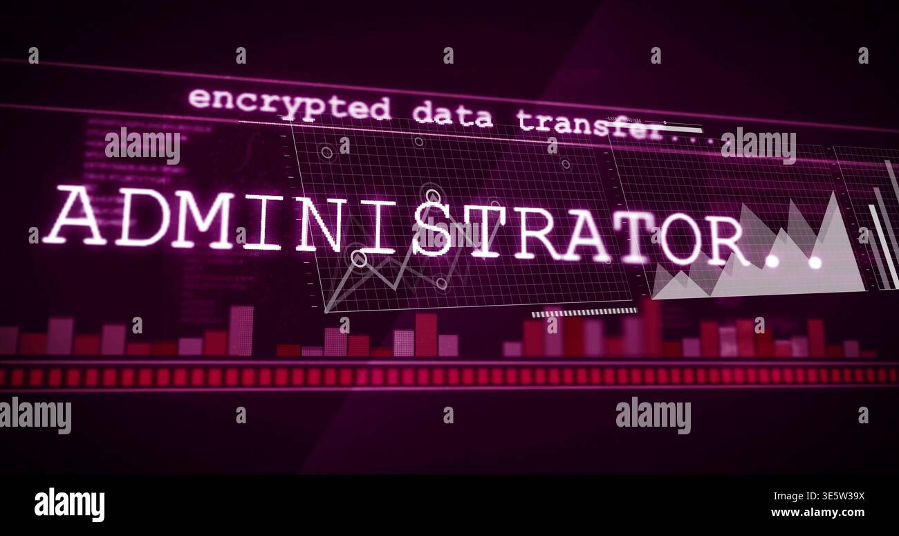 Showing glowing ADMINISTRATOR label dominating dashboard, displaying encrypted data, graphs, bars Stock Photo