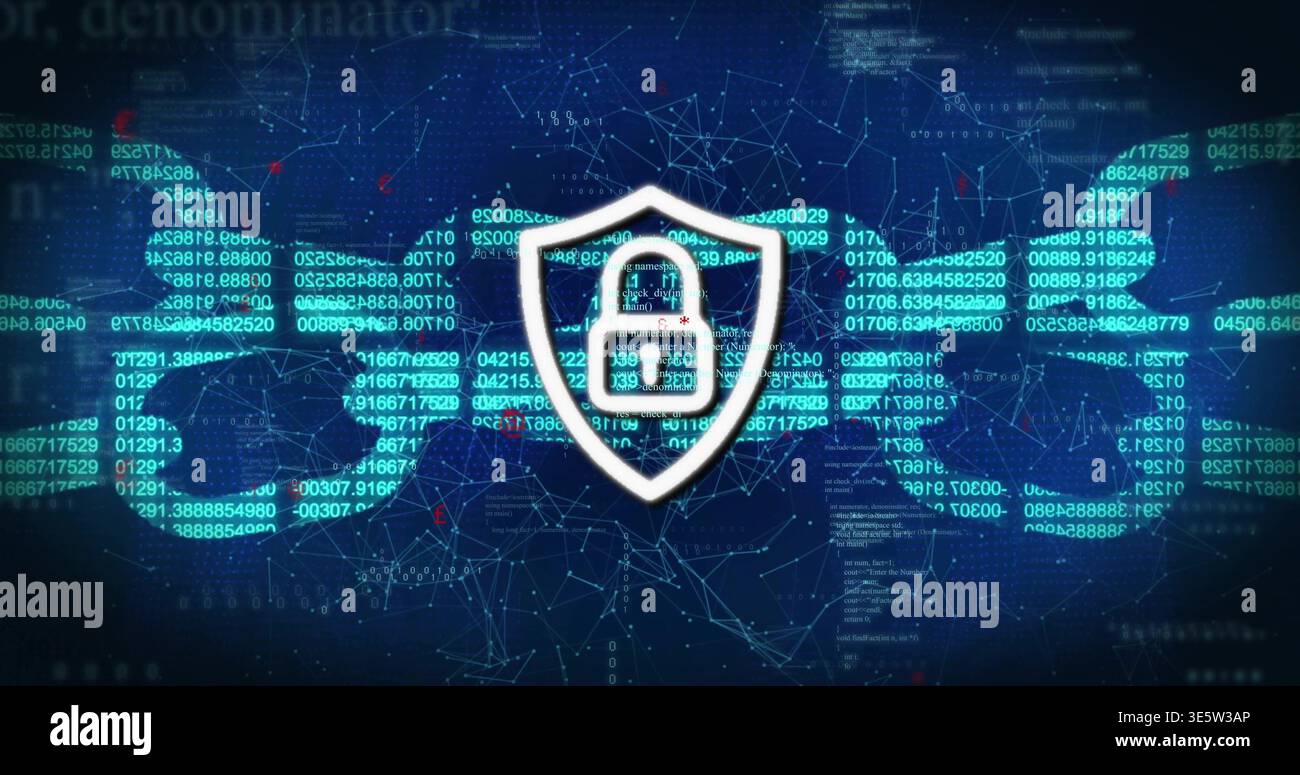 Displaying white shield emblem showing closed padlock protecting data in cyberspace with teal code Stock Photo