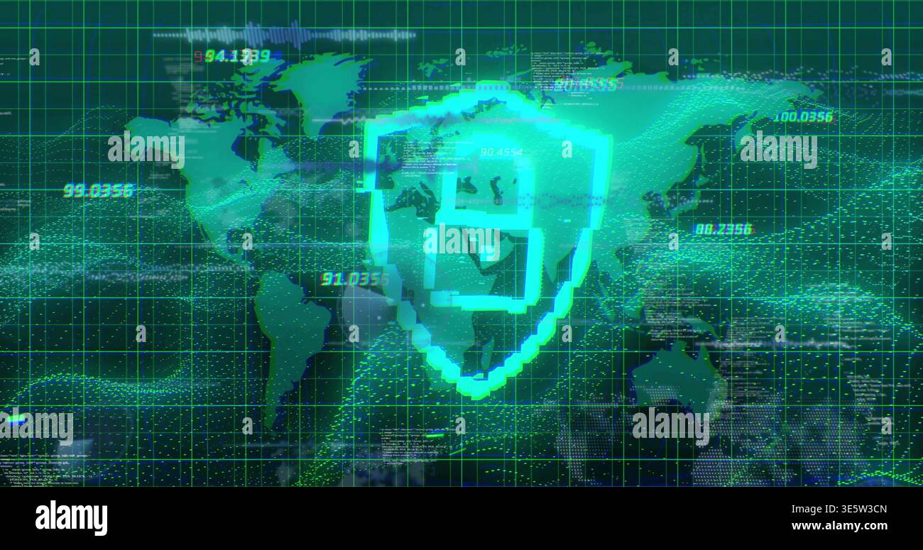 Glowing pixelated shield emblem dominating virtual dashboard, showing world map, grid, data streams Stock Photo