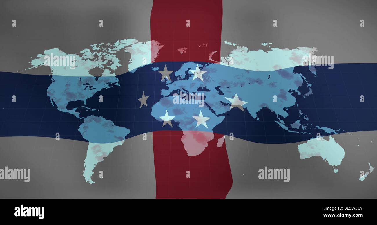 Displaying world map over navy band grid and red stripe on gray backdrop, showing white stars Stock Photo