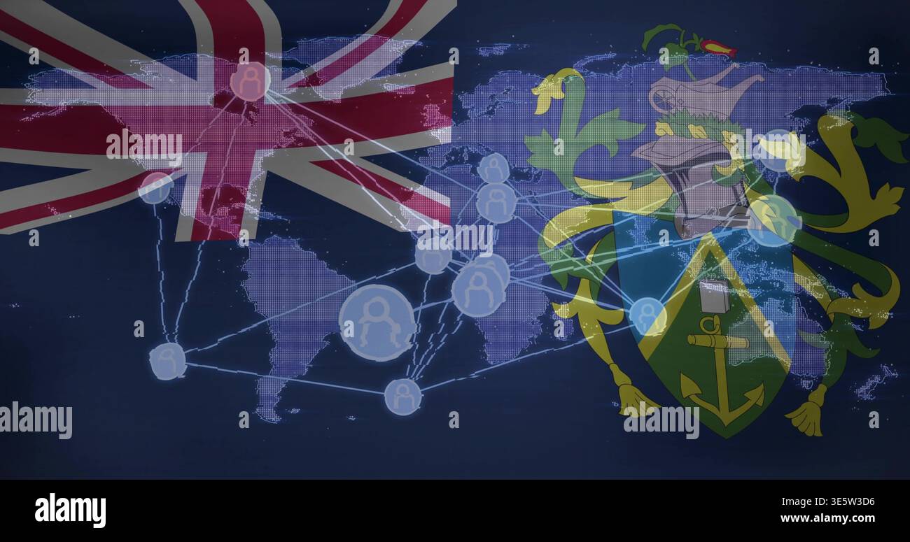 Showing network map with glowing node links on navy backdrop, Union Jack left, crest right Stock Photo