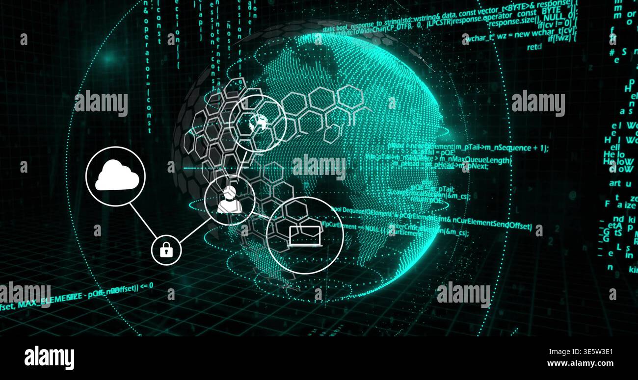 Projecting holographic globe with hexagonal mesh on dark grid, showing connectivity icons and code Stock Photo