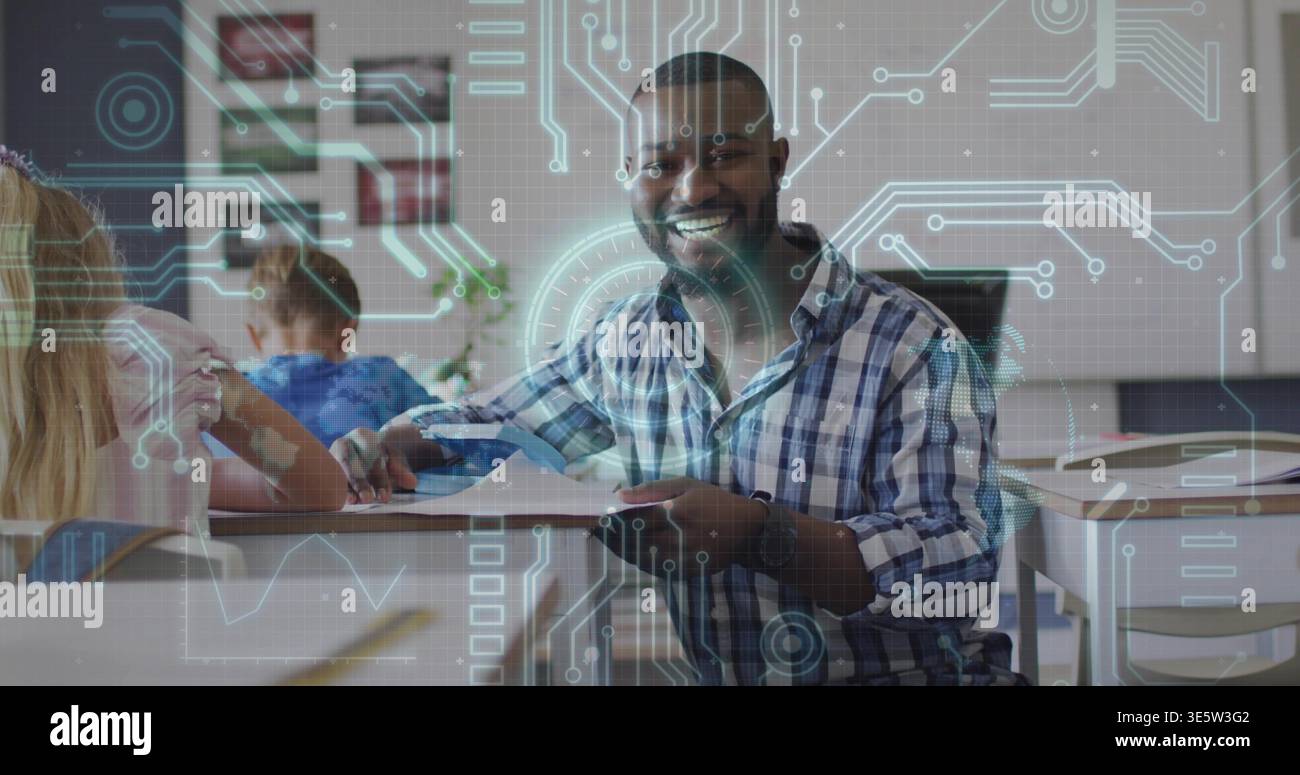 Smiling teacher in checked shirt holding tablet, guiding two students in classroom with AR overlay Stock Photo