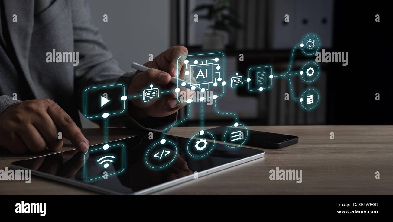 AI automation workflow for business technology with artificial intelligence, data processing, cloud systems, software integration, digital transformat Stock Photo