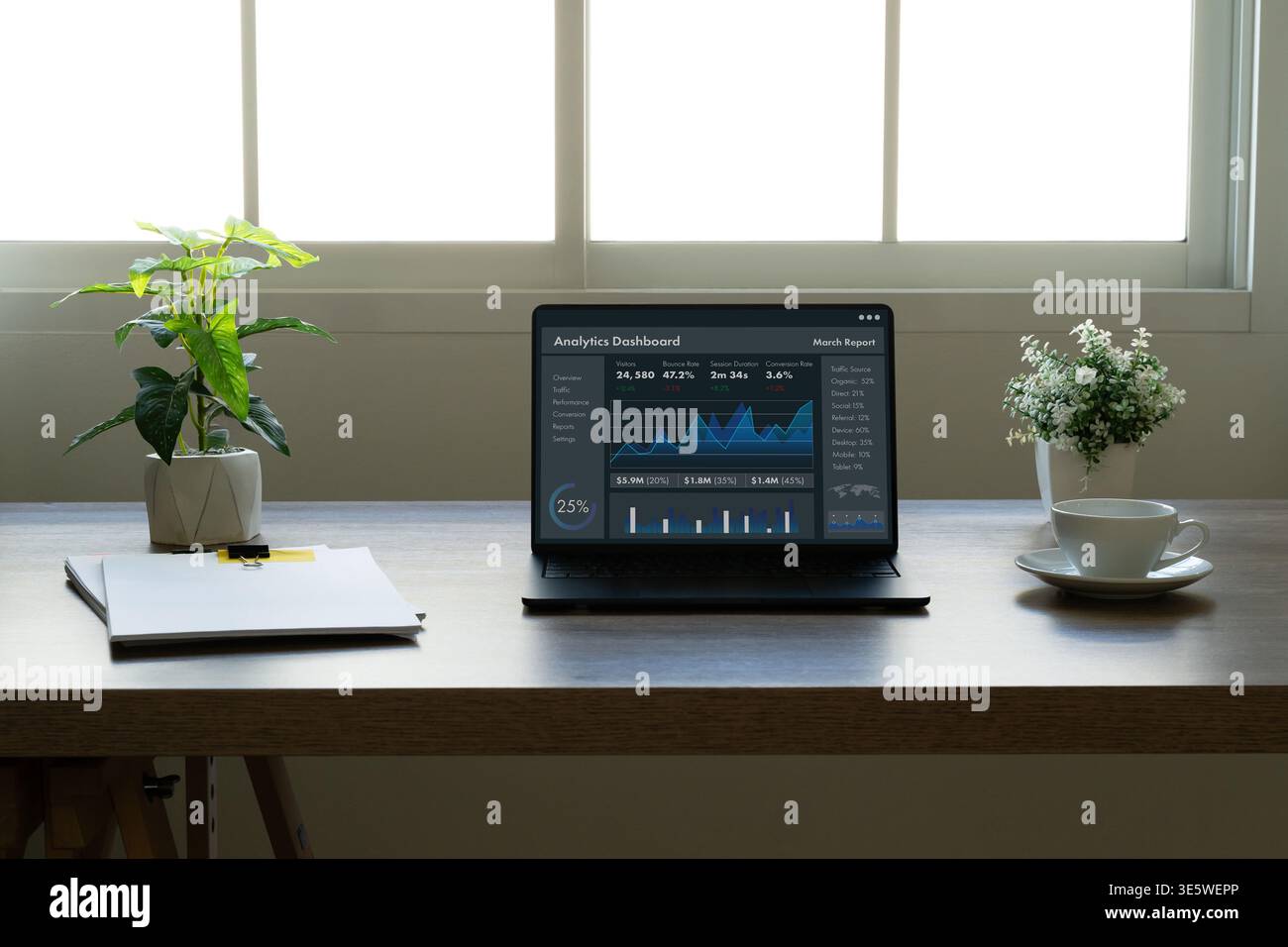 Business analyzing dashboard on laptop for strategy data analytics and performance report insight, supporting decision-making, growth, optimization, a Stock Photo