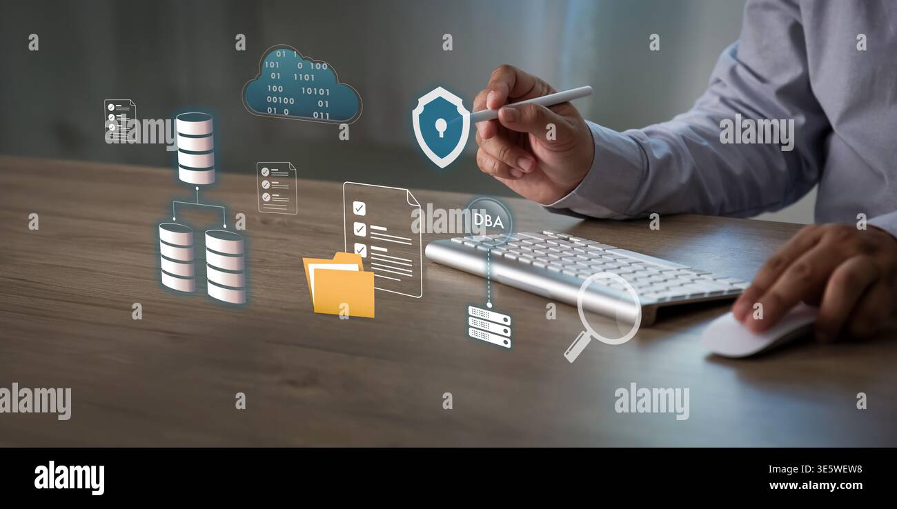 Database security and cloud data with encryption, DBA at cloud storage, monitoring, enterprise protection system in digital big data processing, Stock Photo