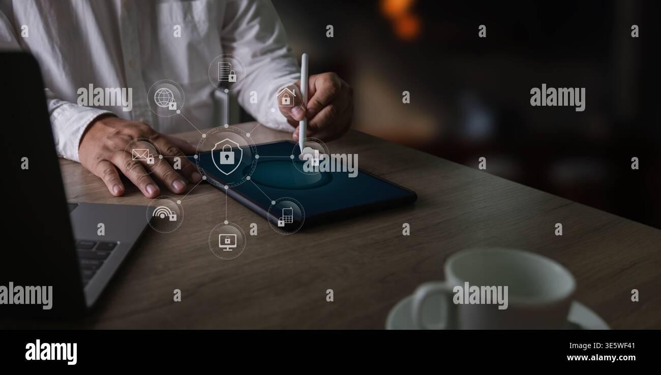 Network security for business data protection with secure access, cybersecurity, encryption, privacy, firewall, authentication, cloud, and enterprise Stock Photo