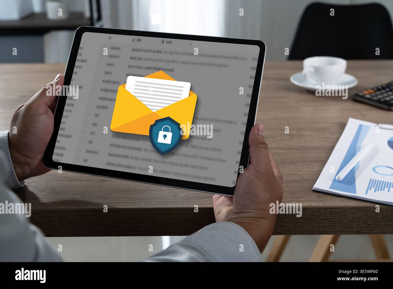 Secure email management concept lock shield over mailbox interface , digital email security, authentication, data privacy, and enterprise IT security Stock Photo